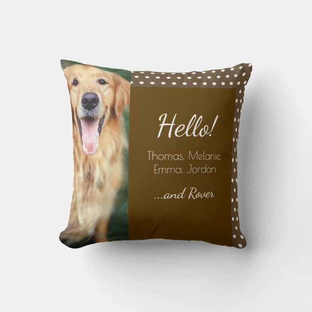 Dog Photo and Family Name Polka Dot Brown Throw Pillow (Front)