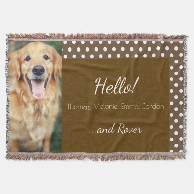Dog Photo and Family Name Polka Dot Brown Welcome Throw Blanket (Front)