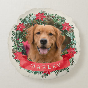 Dog Photo and Name Poinsettia Wreath Holiday Plaid Round Pillow