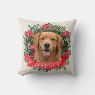 Dog Photo and Name Poinsettia Wreath Holiday Plaid Throw Pillow