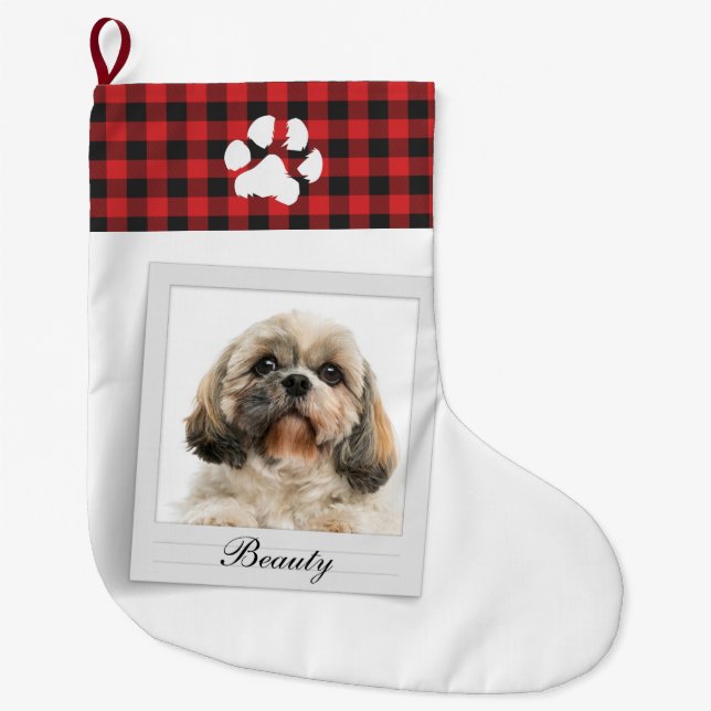 Dog Photo and Paw Pet Owner Personalized Large Christmas Stocking (Front)