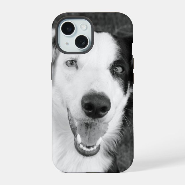 Dog Photo Black and White Personalizable iPhone 15 Case (Back)