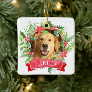 Dog Photo Christmas Pine Wreath Personalized Ceramic Ornament