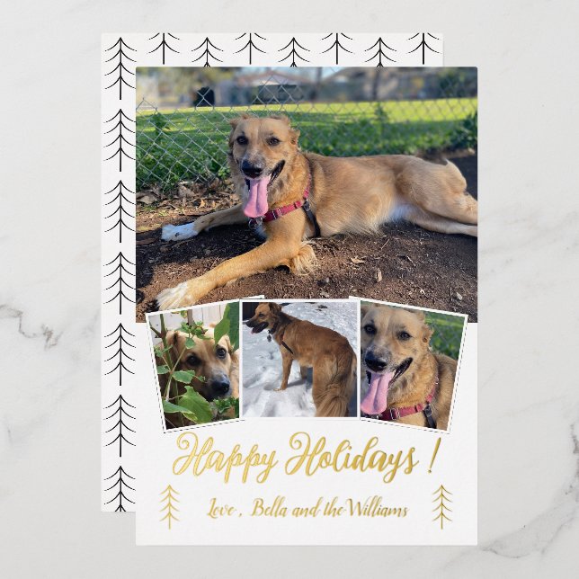Dog Photo Collage Gold Foil White Holiday Card (Front/Back)