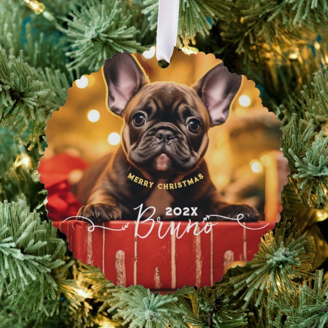 Dog Photo Custom Name and Text Ornament Card (Insitu (Tree))