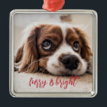 Dog Photo Furry And Bright Christmas Metal Ornament<br><div class="desc">Add your pup's photo to this holiday doggo saying Christmas holiday ornament: furry and bright!</div>