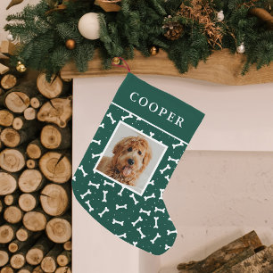 Dog Photo Green and White Dog Bone Pattern Small Christmas Stocking