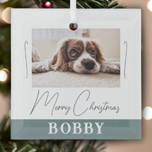 Dog Photo Minimalist Merry Christmas Glass Ornament