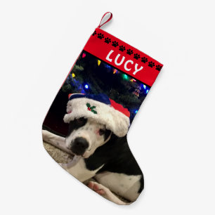 Dog Photo & Name   Red Black Paw Prints Small Christmas Stocking