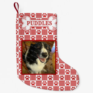 Dog Photo Name   Red Paw Print Gingham Bone Custom Small Christmas Stocking