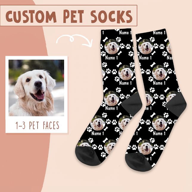 Dog Photo & Name, with Bones & Paw Prints on Black Socks (Creator Uploaded)