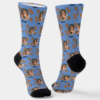 Dog Photo & Name, with Bones & Paw Prints on Blue Socks