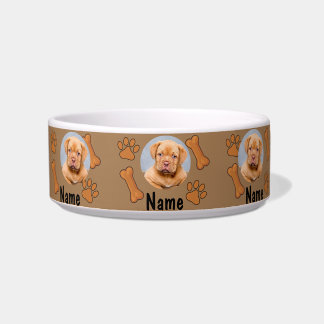 Dog Photo & Name, with Bones & Paw Prints on Brown Bowl