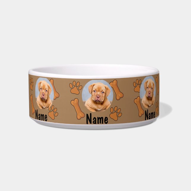 Dog Photo & Name, with Bones & Paw Prints on Brown Bowl (Front)