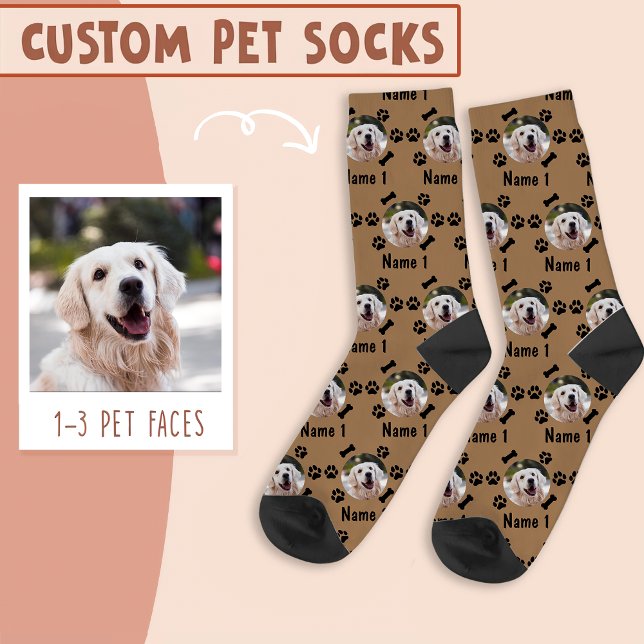 Dog Photo & Name, with Bones & Paw Prints on Brown Socks (Creator Uploaded)