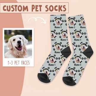 Dog Photo & Name, with Bones & Paw Prints on Grey Socks