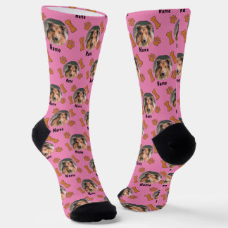 Dog Photo & Name, with Bones & Paw Prints on Pink  Socks