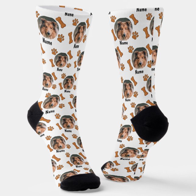 Dog Photo & Name, with Bones & Paw Prints on White Socks (Angled)