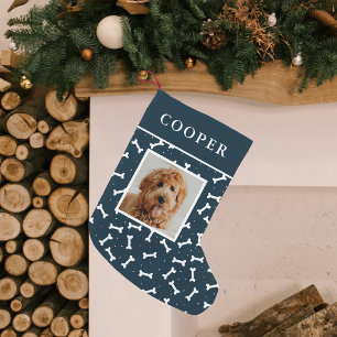 Dog Photo Navy and White Dog Bone Pattern Small Christmas Stocking