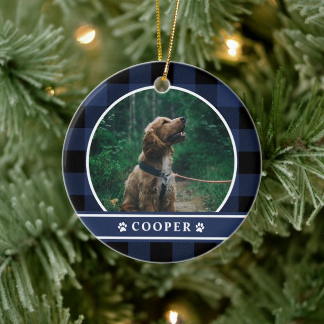 Dog Photo Navy Blue Plaid Tartan Ceramic Ornament (Tree)