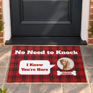 Dog Photo No Need To Knock Red Tartan Plaid Doormat