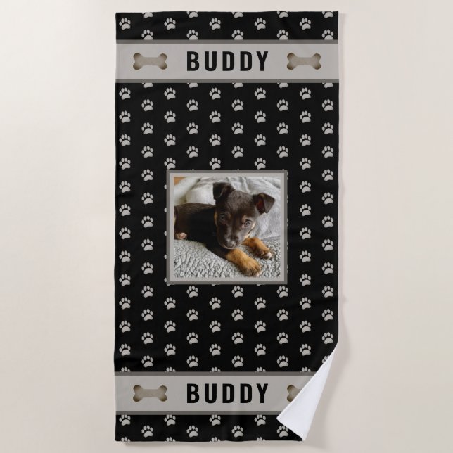 Dog Photo Paw Print Dog Bone Personalized Beach To Beach Towel (Front)