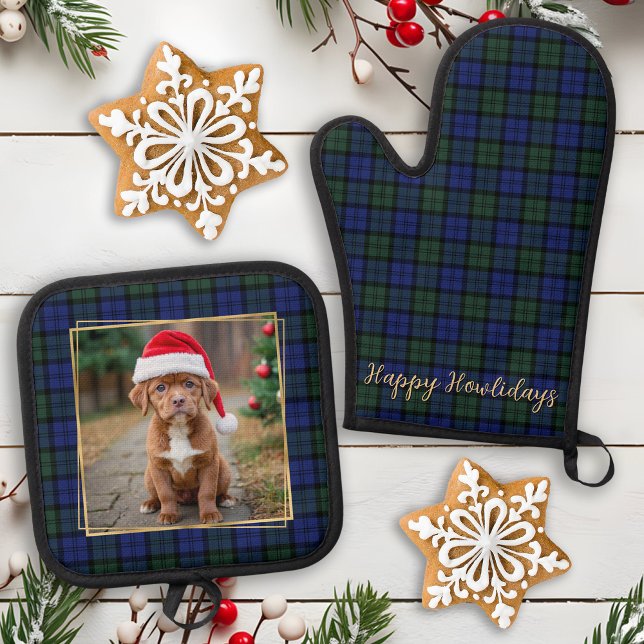 Dog Photo Personalized Modern Rustic Holiday Plaid Oven Mitt & Pot Holder Set (Creator Uploaded)