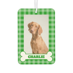 Dog Photo Pet Name in Bone on Green Gingham Plaid Air Freshener