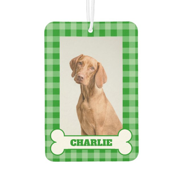 Dog Photo Pet Name in Bone on Green Gingham Plaid Air Freshener (Back)