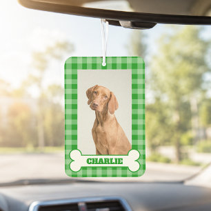 Dog Photo Pet Name in Bone on Green Gingham Plaid Air Freshener