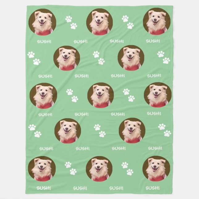 Dog Photo Pet Name Paws Mint Green Fleece Blanket (Front)