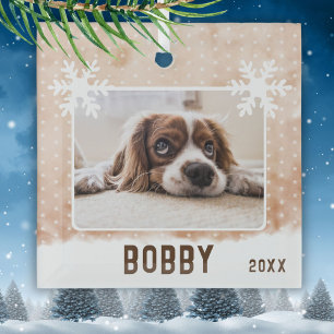 Dog Photo Pet Name Snowflake Watercolor Christmas Glass Ornament