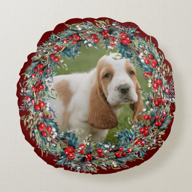 Dog Photo Pet's Christmas cute  Xmas wreath custom Round Pillow (Front)