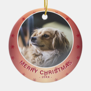 Dog Photo Red Snowflake Metallic Christmas Ceramic Ornament