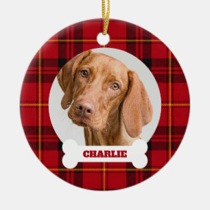 Dog Photo Red Tartan Plaid Custom Name on Bone Pet Ceramic Ornament