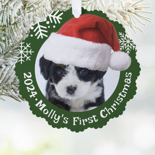 Dog Photo Santa Hat Green Christmas Paper  Ornament Card