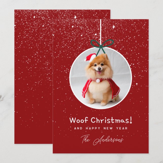 Dog Photo Snow Red Woof  Christmas  Holiday Card (Front/Back)