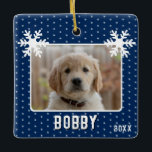 Dog Photo Snowflakes Blue Pet Name Christmas Ceramic Ornament<br><div class="desc">Dog Photo Snowflakes Blue Pet Name Christmas Ceramic Ornament. Cute and festive design with a custom photo and name. The background is blue with white snowflakes. Add your photo and name and make a lovely photo keepsake for a dog or any other pet.</div>