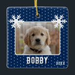 Dog Photo Snowflakes Blue Pet Name Christmas  Ceramic Ornament<br><div class="desc">Dog Photo Snowflakes Blue Pet Name Christmas Ceramic Ornament. Cute and festive design with a custom photo and name. The background is blue with white snowflakes. Add your photo and name and make a lovely photo keepsake for a dog or any other pet.</div>