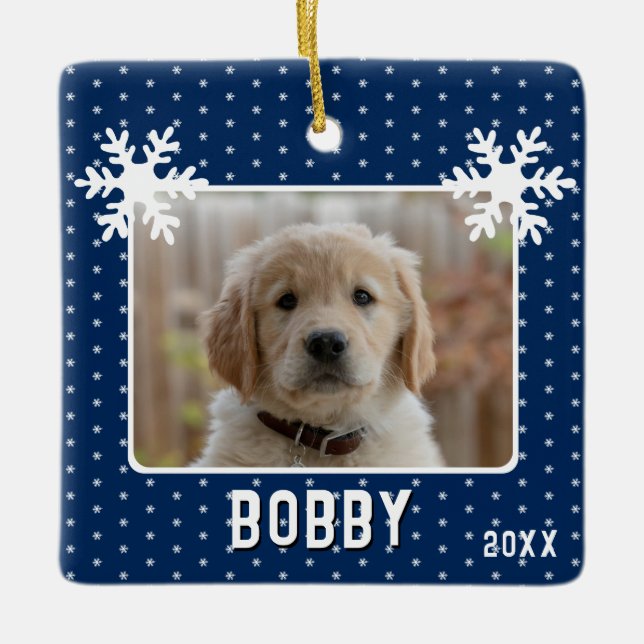 Dog Photo Snowflakes Blue Pet Name Christmas  Ceramic Ornament (Front)
