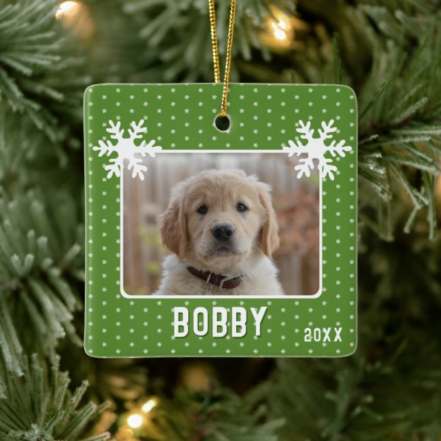 Dog Photo Snowflakes Green Pet Name Christmas Ceramic Ornament (Tree)