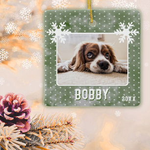 Dog Photo Snowflakes Green Pet Name Christmas Ceramic Ornament