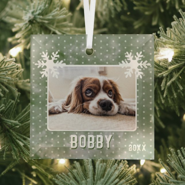 Dog Photo Snowflakes Green Pet Name Christmas Glass Ornament (Insitu)