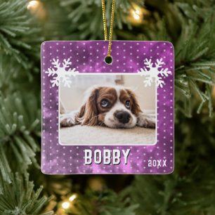Dog Photo Snowflakes Purple Pet Name Christmas Ceramic Ornament