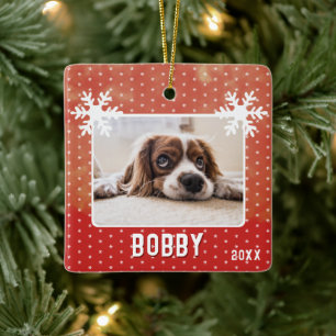 Dog Photo Snowflakes Red Pet Name Christmas Ceramic Ornament