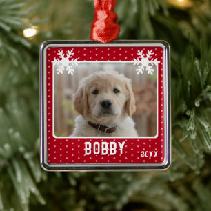 Dog Photo Snowflakes Red Pet Name Christmas Metal Ornament
