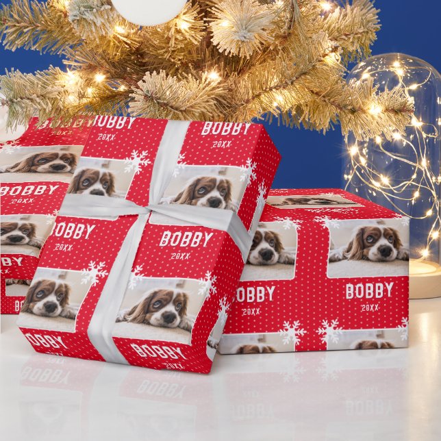 Dog Photo Snowflakes Red Pet Name Christmas Wrapping Paper (Holidays)
