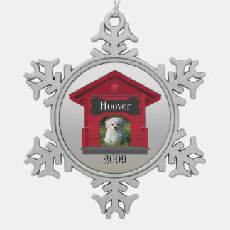 Dog Photo Upload Dog House w Bone Christmas Snowflake Pewter Christmas Ornament