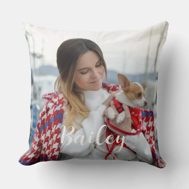 Dog Photo White Text Script Accent Throw Pillow (Front)