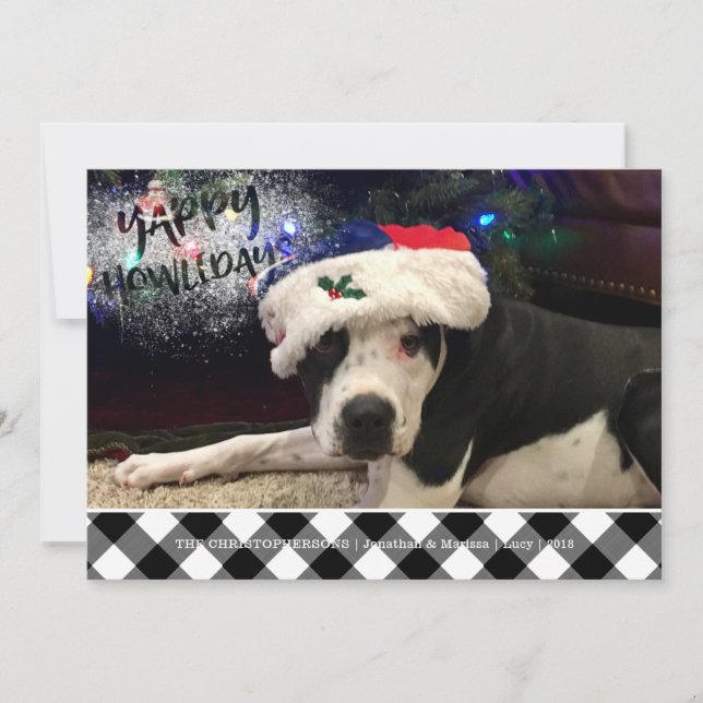 Dog Photo | YAPPY HOWLIDAYS | B&W Buffalo Check Holiday Card (Front)